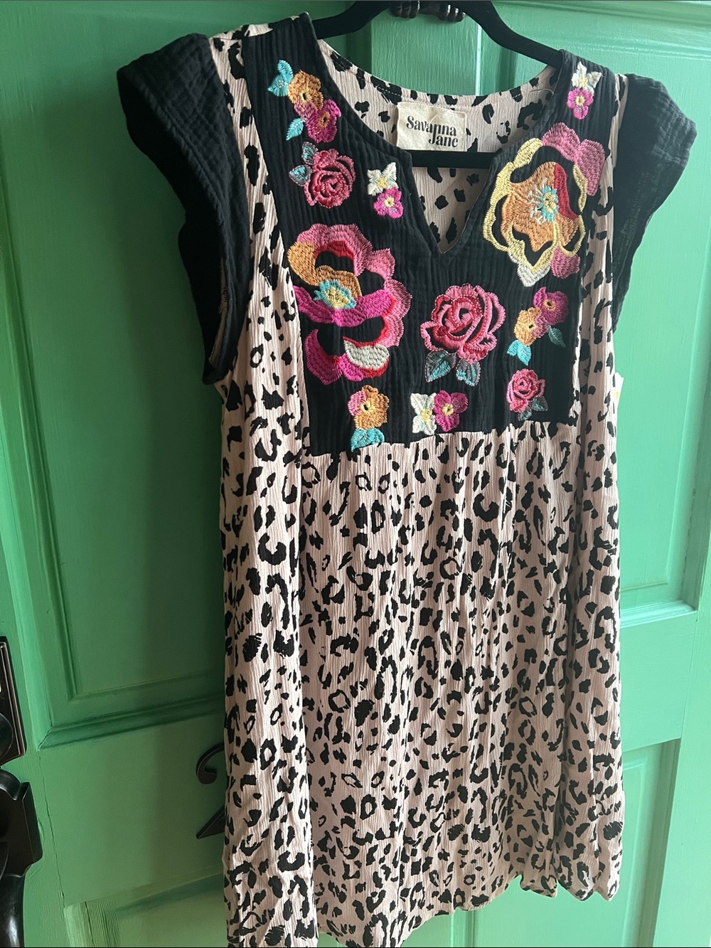 Savana Jane Embroidered Floral Leopard Print Dress - small